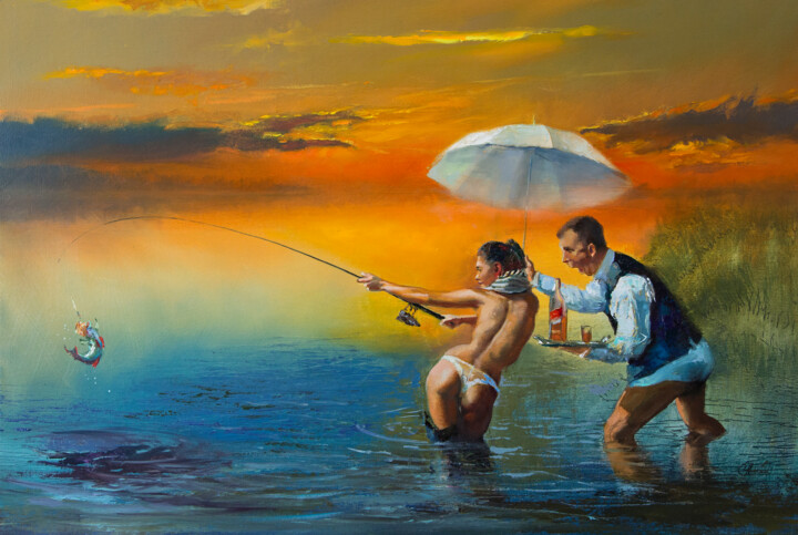 Schilderij getiteld "Летний вечер. Рыбал…" door Andrei Iakovlev, Origineel Kunstwerk, Olie