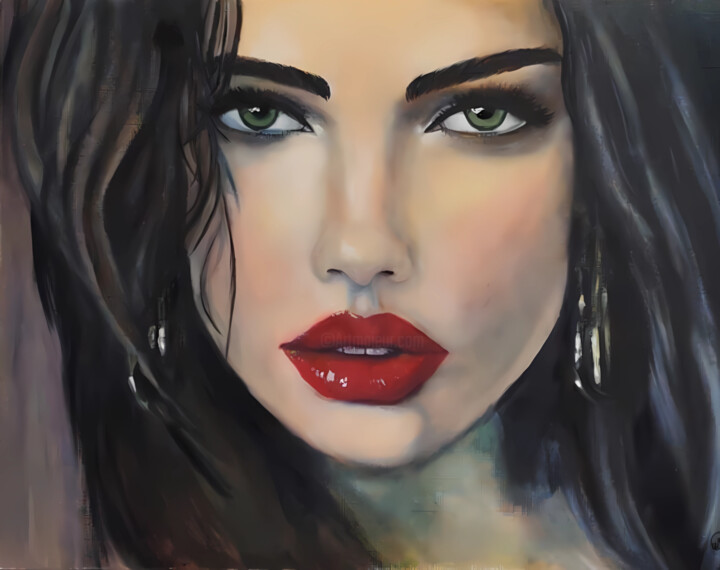 Original Oil Portrait of Woman with Green Eyes and Red Lips 绘画, 14.6x20.1 in