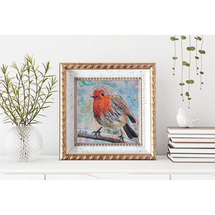 Robin on a branch 绘画, 3.9x3.9 in