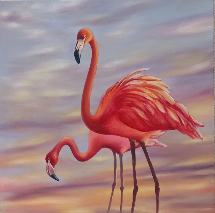 Pink flamingos at sunset 绘画, 19.7x19.7 in