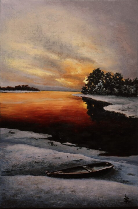 Painting titled "Winter. Pink sunset" by Oleg Baulin, Original Artwork, Oil Mounted on Wood Stretcher frame