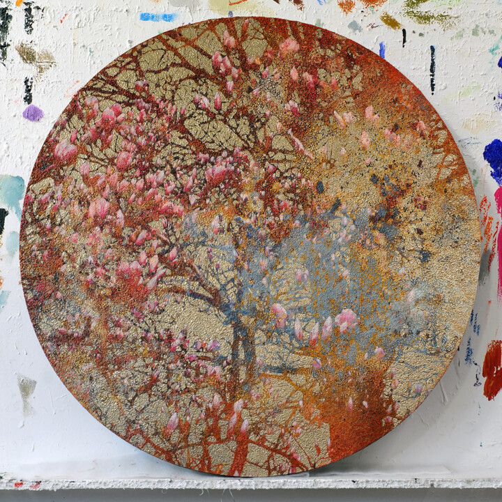 Malerei mit dem Titel "Awakening golden pi…" von Karin Vermeer, Original-Kunstwerk, Acryl Auf Holzplatte montiert