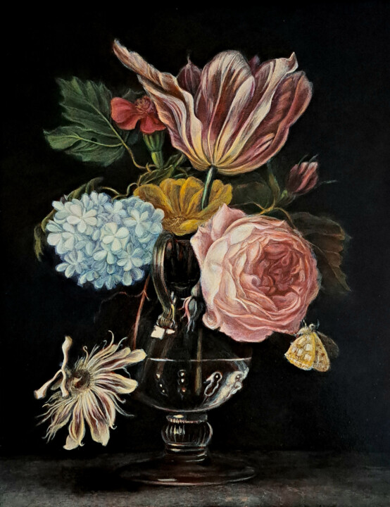 Baroque Floral Elegance – Still Life in Glass Vase 绘画, 17.7x13.8 in