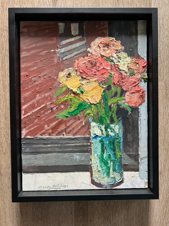 Painting titled "Brick Roses" by Sandy Melchiori, Original Artwork, Oil Mounted on Wood Panel