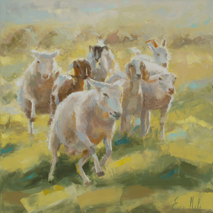 Painting titled "The Herd Thunders" by Eva Mili, Original Artwork, Oil Mounted on Wood Stretcher frame