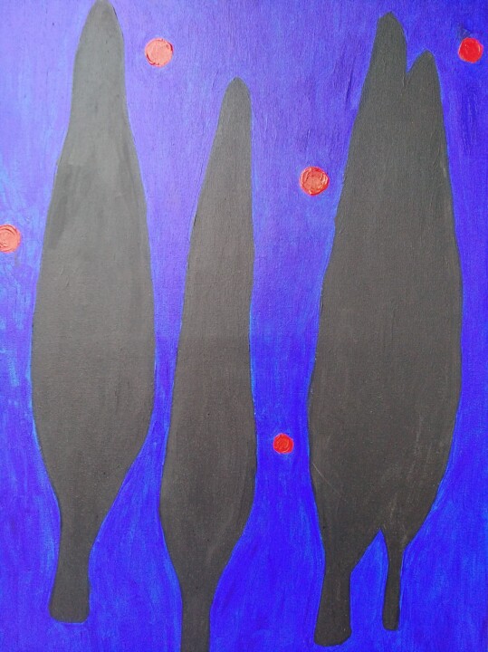 Painting titled "Cypresses at Night…" by Marina Zlender, Original Artwork, Oil