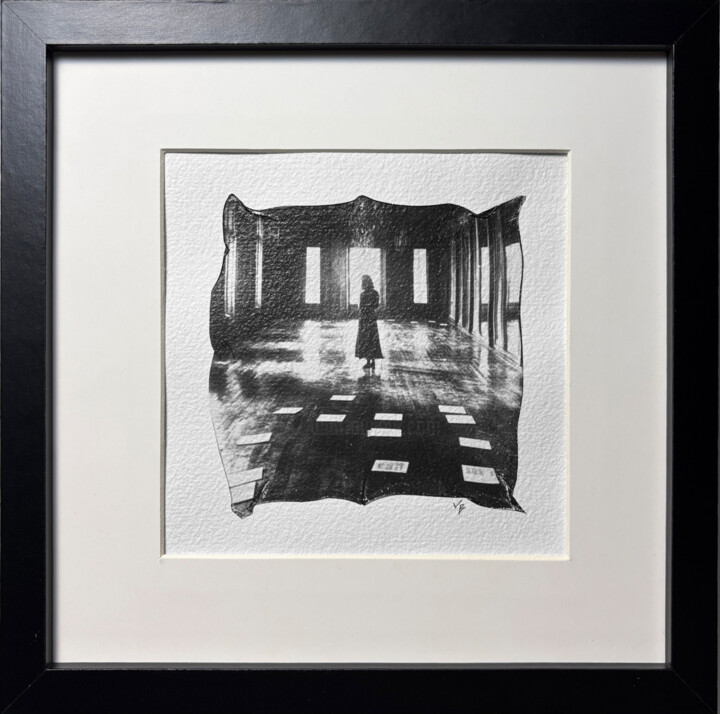 Woman writer with books, one-of-a-kind b&w polaroid art Photographie, 7,9x7,9 in