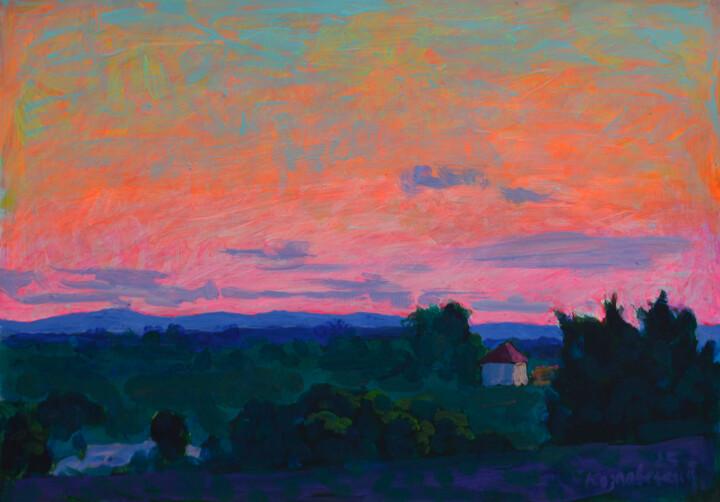 Painting titled "Twilight in the vil…" by Mykola Kozlovskyi, Original Artwork, Acrylic