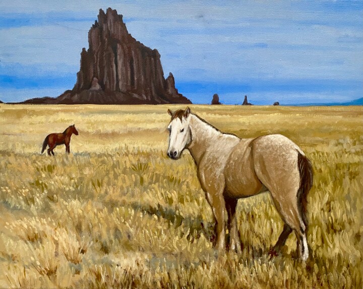 Ζωγραφική με τίτλο "Mustangs at Shiprock" από Hilary J England, Αυθεντικά έργα τέχνης, Λάδι