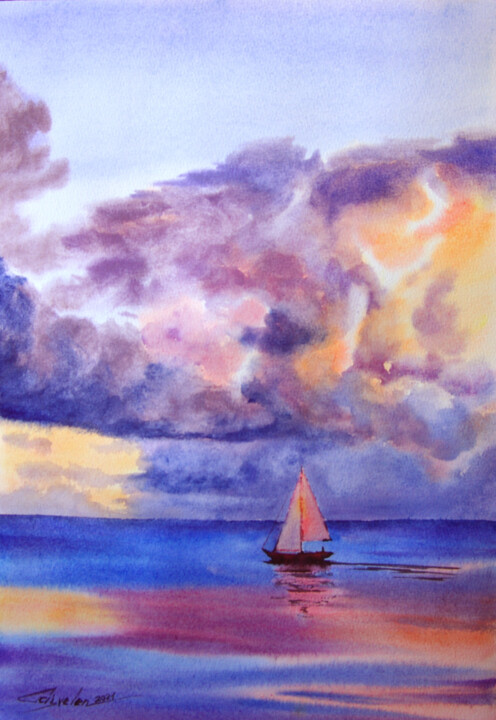 Schilderij getiteld "Towards the sunset" door Elena Gaivoronskaia, Origineel Kunstwerk, Aquarel