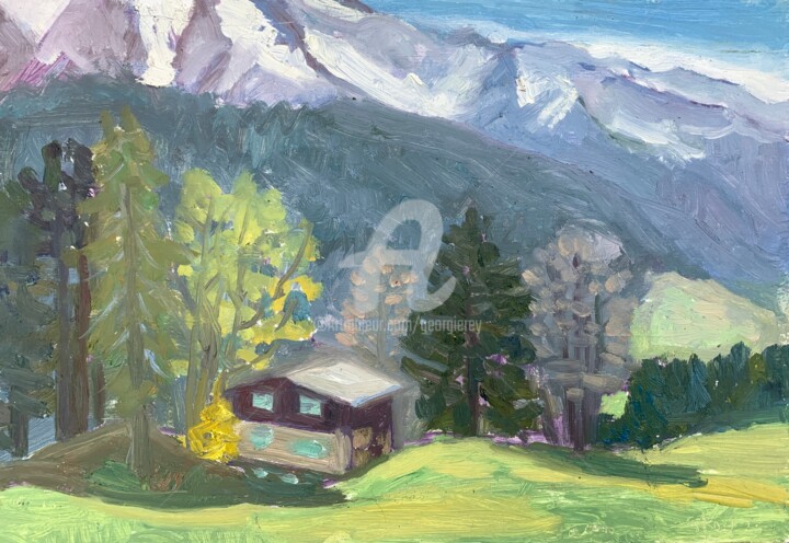 Mt Blanc Range with Huts, Combloux 绘画, 8.7x11.8 in