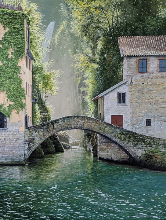 Schilderij getiteld "Bridge to Tranquili…" door Stepan Ohanyan, Origineel Kunstwerk, Olie Gemonteerd op Frame voor houten br…