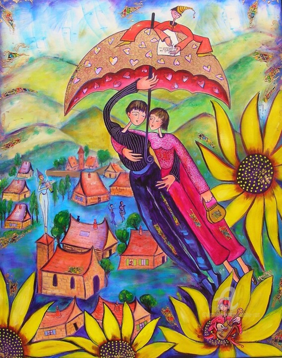 <Ombrelle des coeurs amoureux 绘画, 29.5x23.6 in