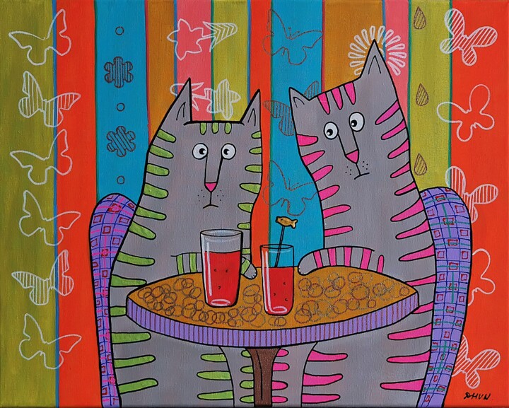 Malerei mit dem Titel "Cat Cocktail Party…" von Daheaven Art, Original-Kunstwerk, Acryl Auf Keilrahmen aus Holz montiert