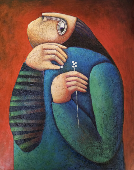 Schilderij getiteld "Hope Held Gently" door Liana Asatryan, Origineel Kunstwerk, Acryl Gemonteerd op Frame voor houten branc…