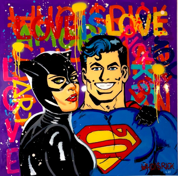 Painting titled "Superman & Catwoman" by Whoisrick, Original Artwork, Acrylic Mounted on Wood Stretcher frame