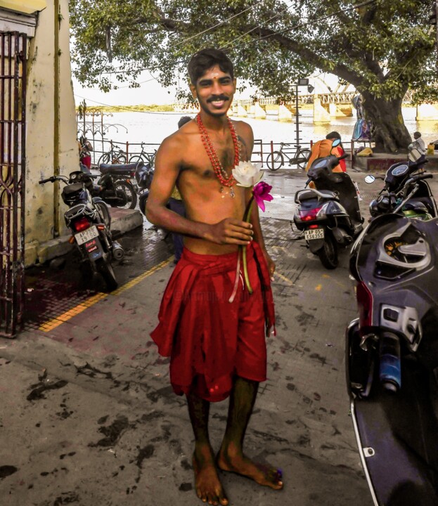 Photography titled "Man with the Lotus" by Goutam Chakraborty, Original Artwork, Digital Photography