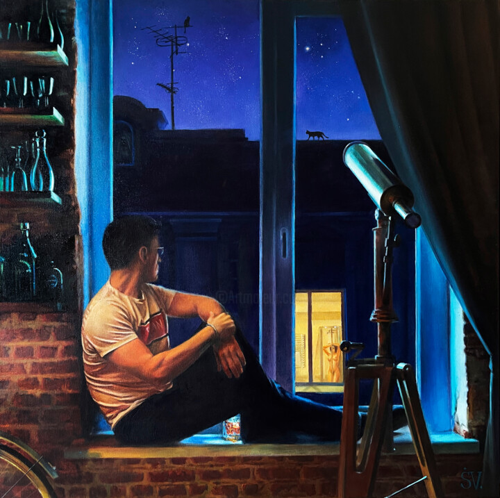 Réflexions à la Fenêtre – Nuit du Double Regard 绘画, 31.5x31.5 in