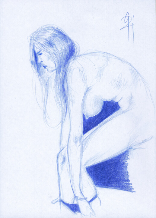 Seitlicher Akt, sitzend. 图画, 11.6x8.3 in