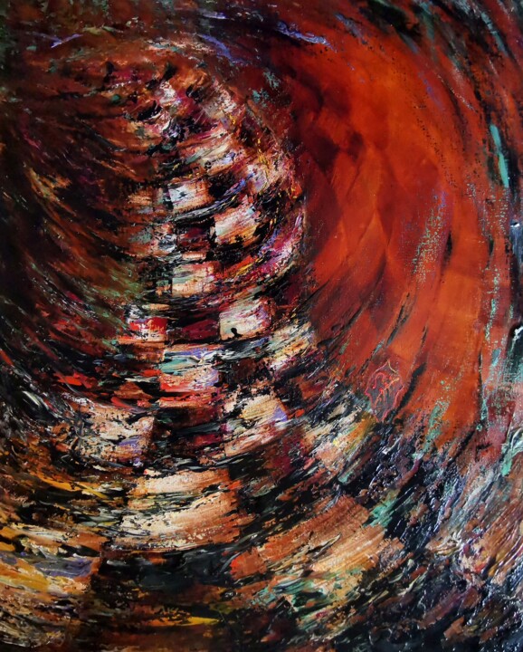 Spiritual Abstract Oil Painting – Red Gold Motion on Linen