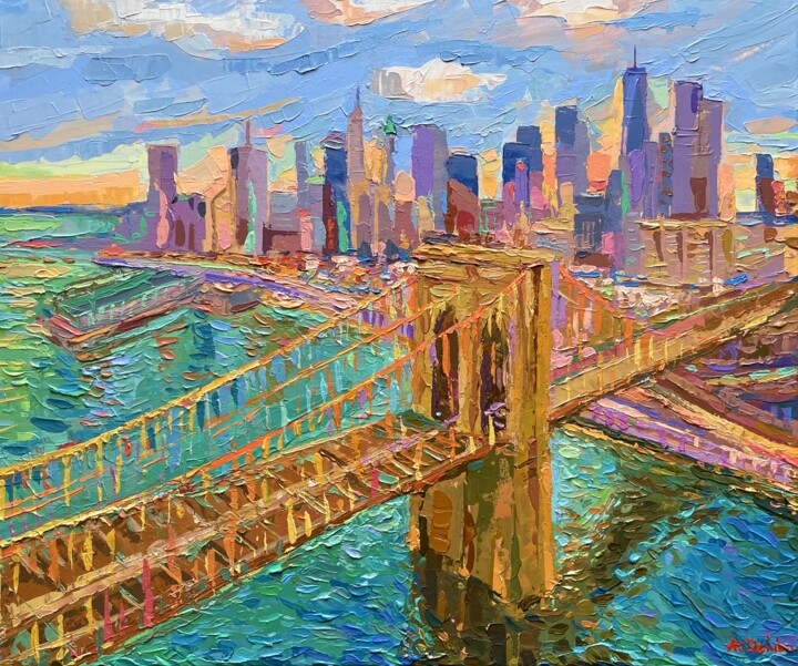 Schilderij getiteld "Brooklyn Bridge at…" door Adriana Dziuba, Origineel Kunstwerk, Acryl Gemonteerd op Frame voor houten br…