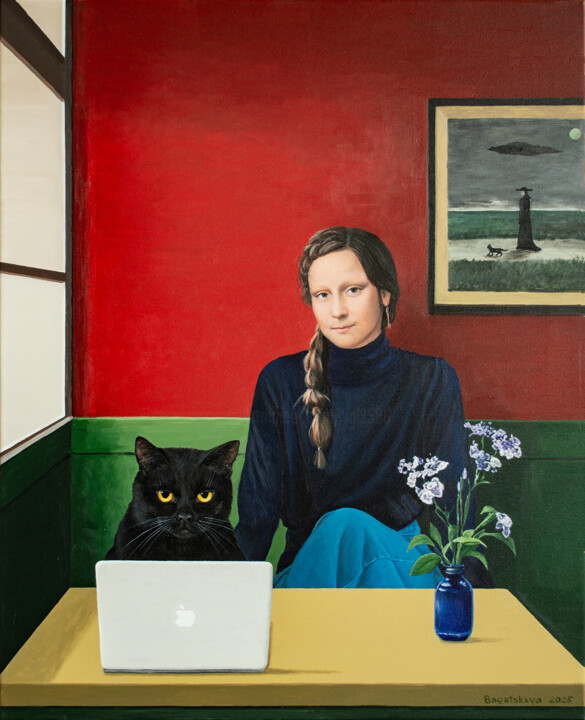 Schilderij getiteld "The Cat Read the Em…" door Nataliya Bagatskaya, Origineel Kunstwerk, Acryl