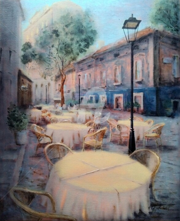 Put od zutih stolova, Skadarlija, Belgrade 45x55cm 2025 Pittura, 21,7x17,7 in