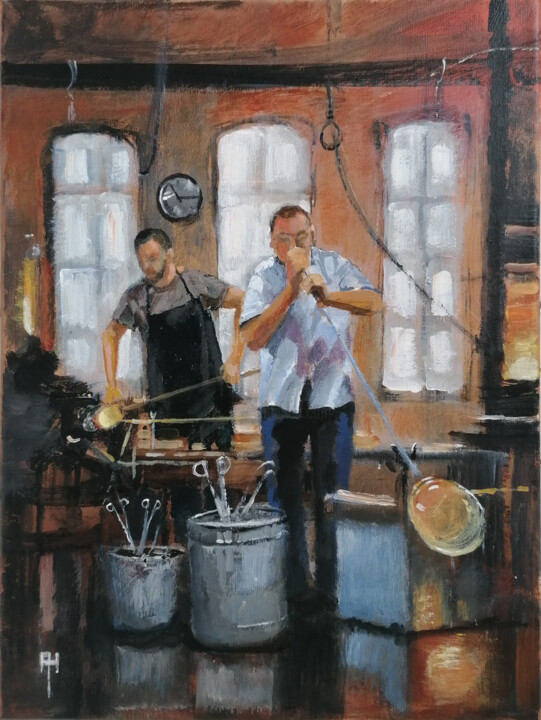 Painting titled "The Glass Blower" by Alan Harris, Original Artwork, Acrylic Mounted on Wood Stretcher frame