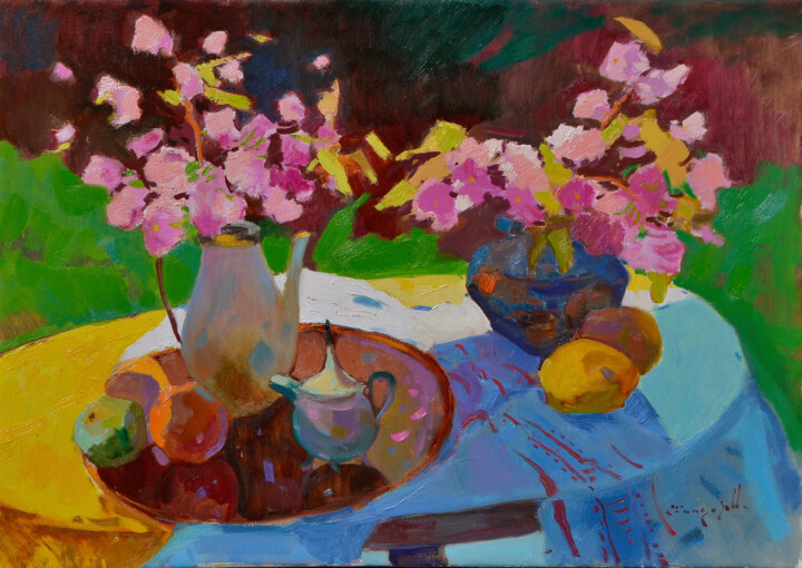 Schilderij getiteld "Sakura Melody" door Alexander Shandor, Origineel Kunstwerk, Olie Gemonteerd op Frame voor houten branca…