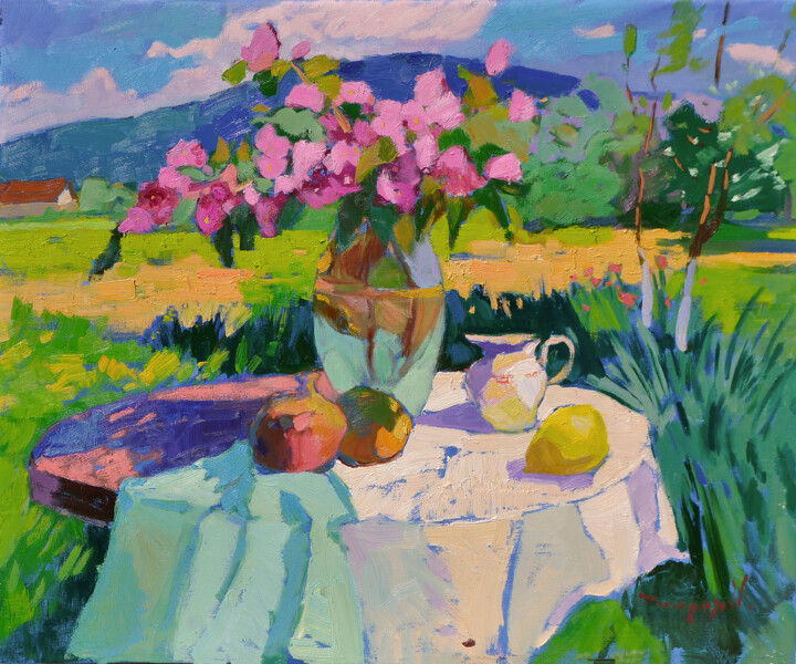 Schilderij getiteld "Pink Morning" door Alexander Shandor, Origineel Kunstwerk, Olie Gemonteerd op Frame voor houten brancard