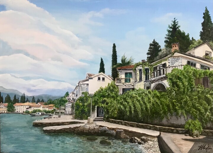 Painting titled "Luštica Bay, Monten…" by Natalia Glazunova, Original Artwork, Acrylic Mounted on Wood Stretcher frame