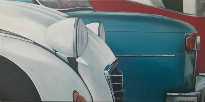 Perspective Citroën 2cv Renault 8 Ford mustang fastback Peinture, 15,8x31,5 in