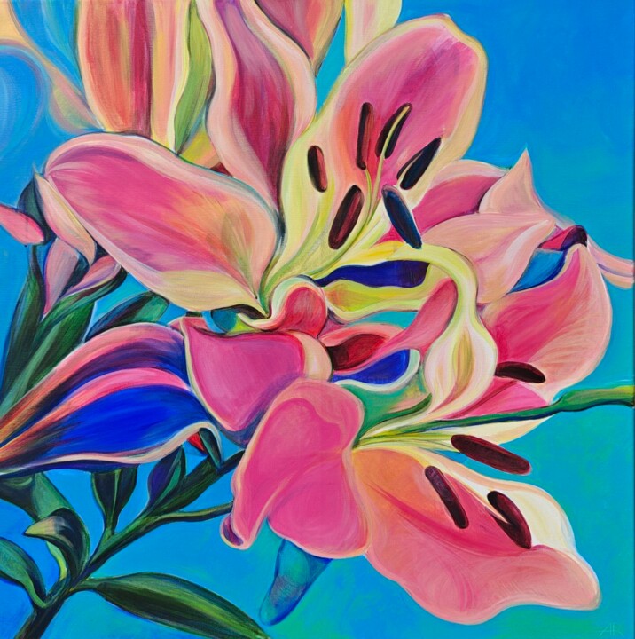 Painting titled "Lily" by Aleksandra Romanova, Original Artwork, Acrylic Mounted on Wood Stretcher frame