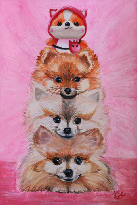 Three Pomeranian Spitz with their favorite toy. Dog portrait Картина, 29,5x19,7 in
