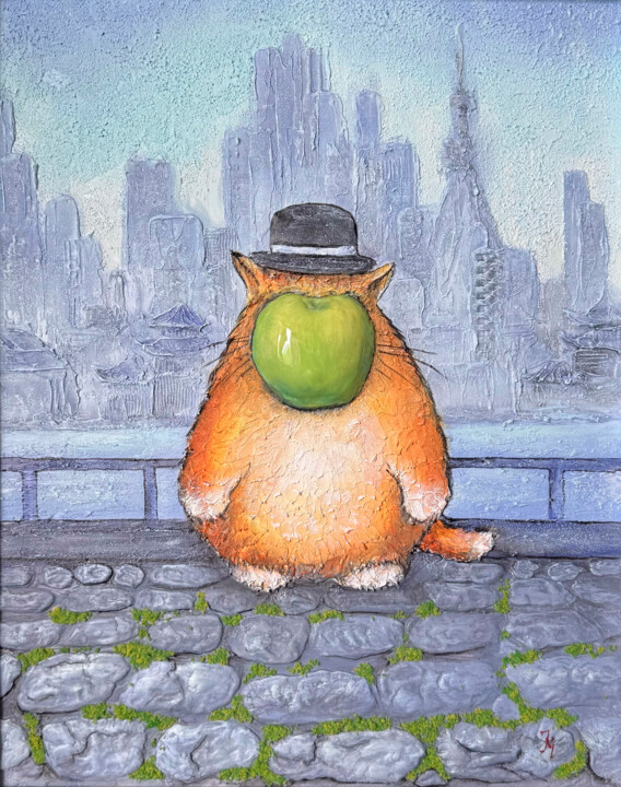 Ginger cat and apple in Rene Magritte style 绘画, 19.7x15.8 in