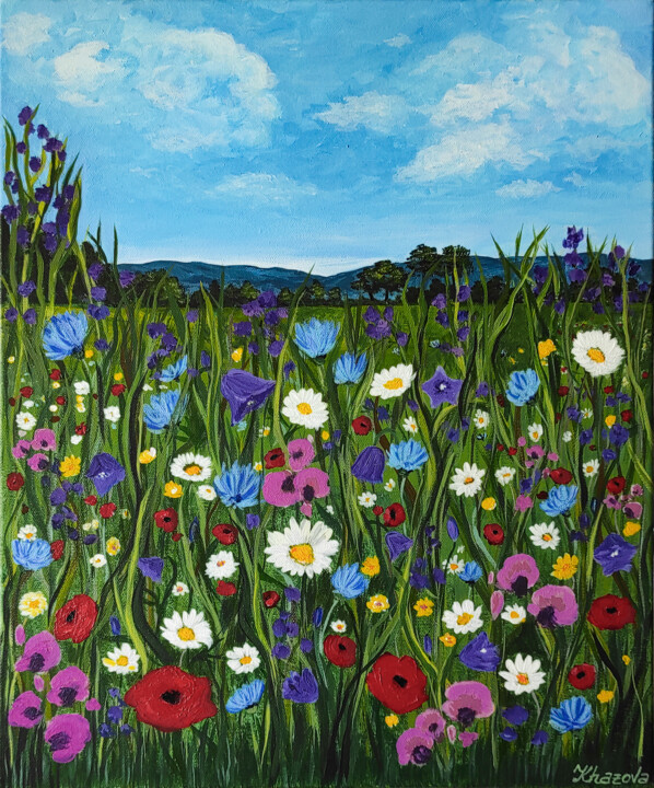 Peinture intitulée "Flowers in the sky" par Yuliia Khazova, Œuvre d'art originale, Acrylique Monté sur Châssis en bois