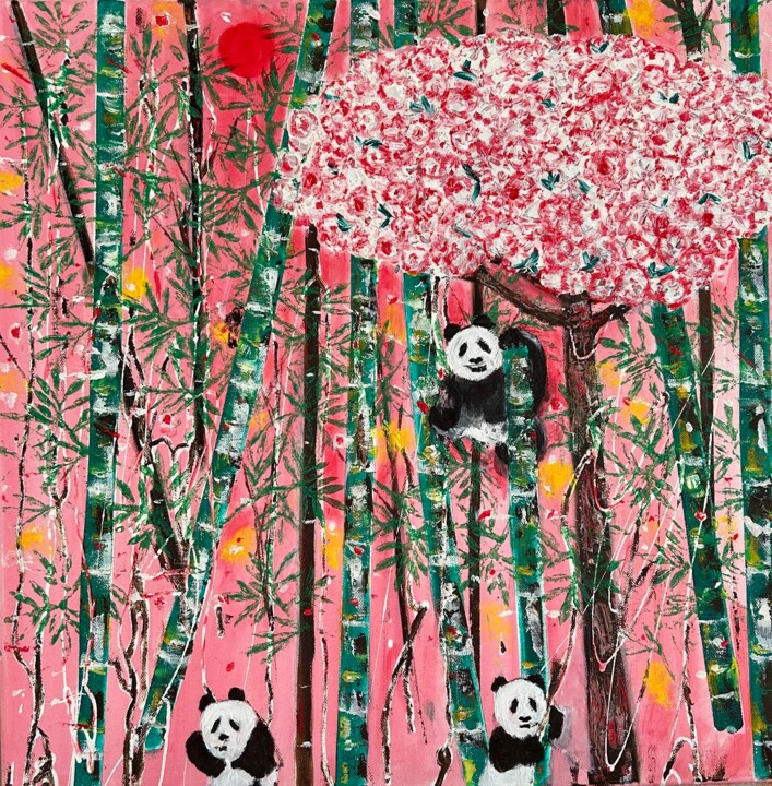 Painting titled "Panda Paradise 4" by Christian Perez De Carvasal, Original Artwork, Oil Mounted on Wood Stretcher frame