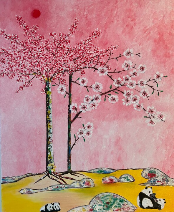 Painting titled "Panda Paradise 8" by Christian Perez De Carvasal, Original Artwork, Oil Mounted on Wood Stretcher frame