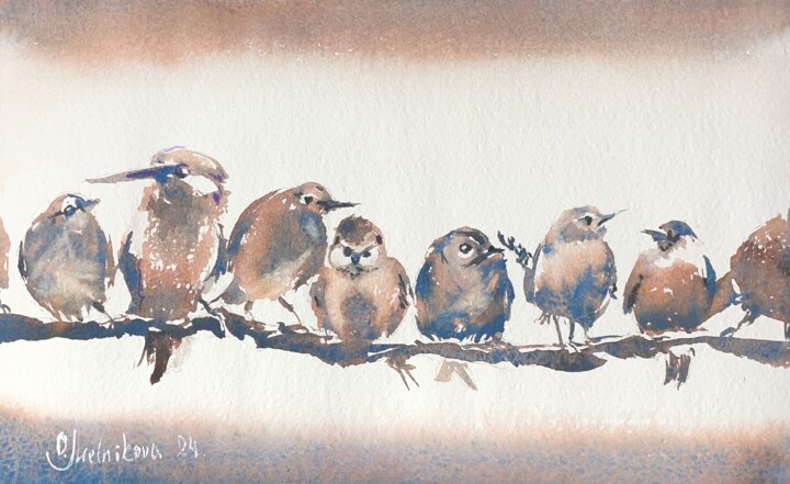 Schilderij getiteld "Bird gossips" door Olga Melnikova, Origineel Kunstwerk, Aquarel