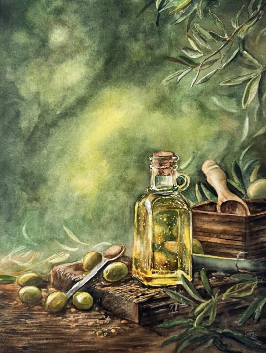 Pintura intitulada "Whispers of the Oli…" por Irina Kurganskaya, Obras de arte originais, Aquarela