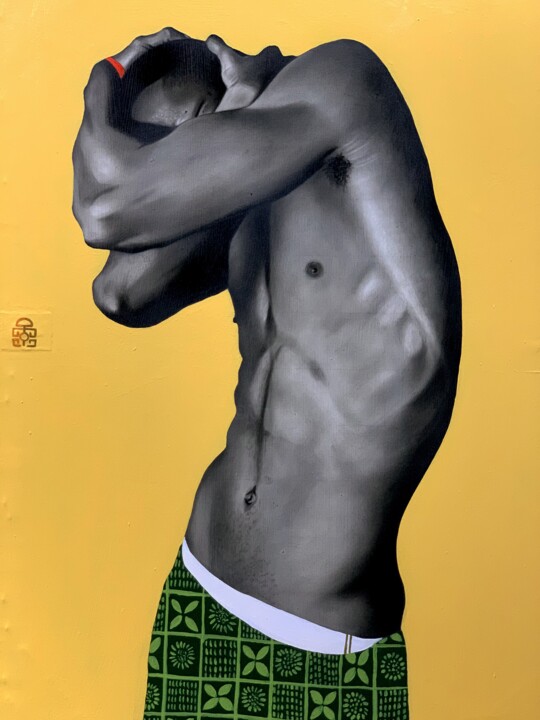 Painting titled "Silent Weight" by Pelumi Fasasi, Original Artwork, Acrylic Mounted on Wood Stretcher frame