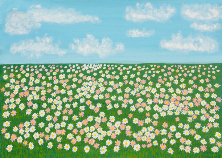 Spring meadow with white and pink daisies Ζωγραφική, 19,7x27,6 in