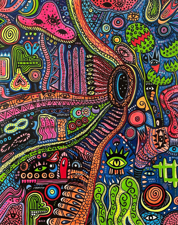 Painting titled "Psychedelic Abstrac…" by Natalia Komar, Original Artwork, Oil Mounted on Wood Stretcher frame