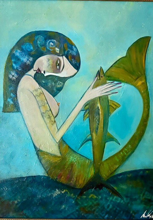 Schilderij getiteld "Русалката и златнат…" door Anna Mytavska (Cabrerra), Origineel Kunstwerk, Olie Gemonteerd op Frame voor…