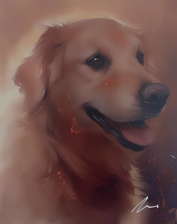 Schilderij getiteld "Dog Golden Retrieve…" door Filip Petrovic, Origineel Kunstwerk, Acryl Gemonteerd op Frame voor houten b…