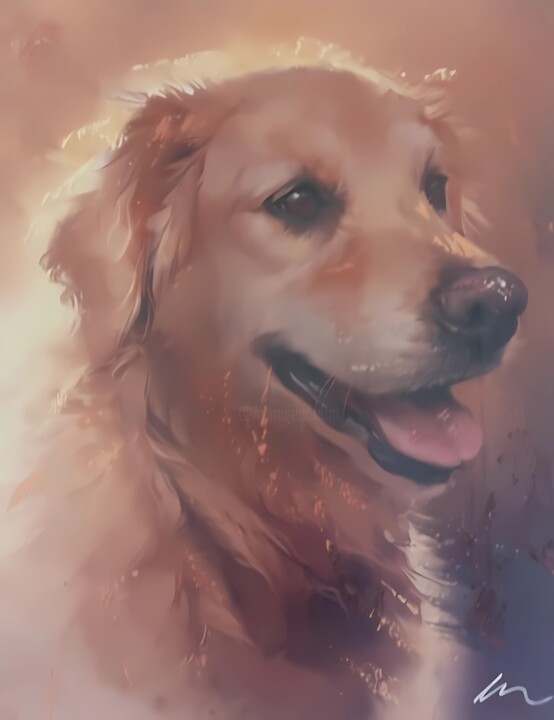 Schilderij getiteld "Dog Golden Retrieve…" door Filip Petrovic, Origineel Kunstwerk, Acryl Gemonteerd op Frame voor houten b…