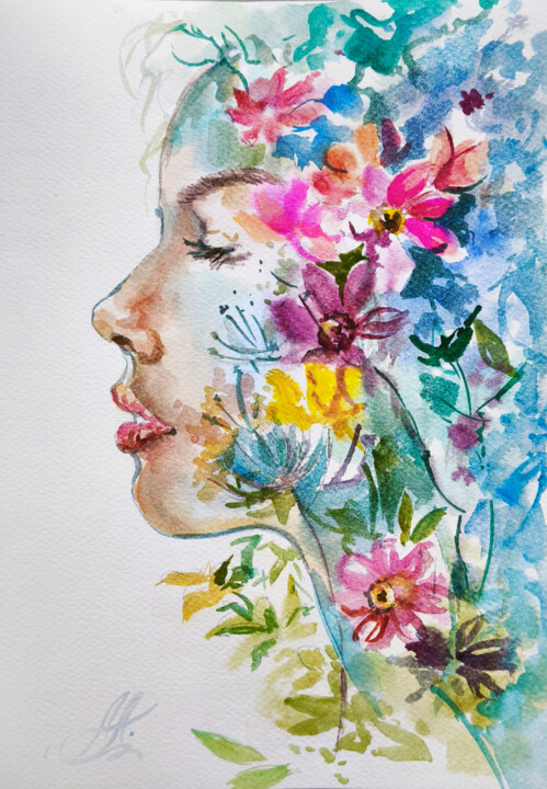 Watercolor Floral Portrait on Textured Paper, Feminine Profi Resim, 11,8x7,9 in