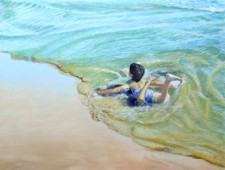 Painting titled "JUGANDO CON LAS OLAS" by Joaquin Pardo Méndez, Original Artwork, Oil Mounted on Wood Panel