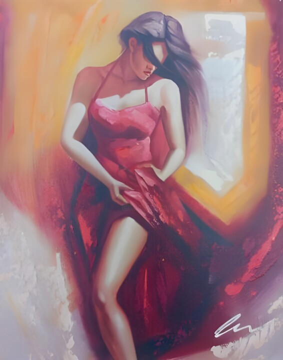 Schilderij getiteld "Woman in a red dres…" door Filip Petrovic, Origineel Kunstwerk, Acryl Gemonteerd op Frame voor houten b…