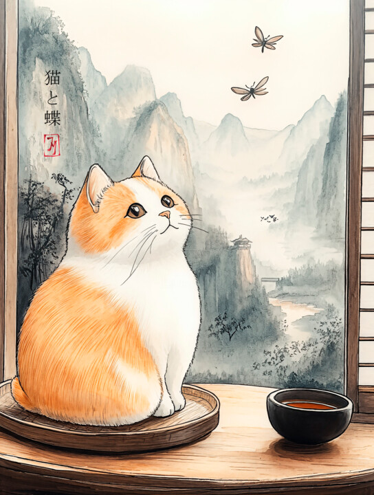 A ginger cat is looking at a butterfly 数字艺术